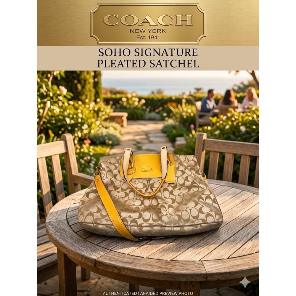 Coach Soho Signature Jacquard Pleated Satchel - Champagne & Yellow Leather